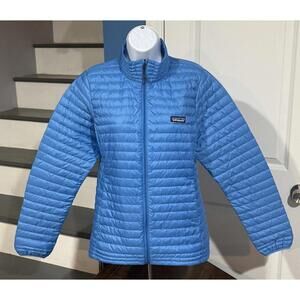 Women’s Medium Patagonia Down Shirt Insulated Puff Full Zip Radar Blue Jacket!